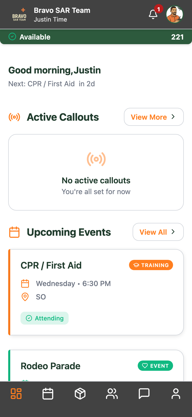 Mobile dashboard with status, callouts, and upcoming events