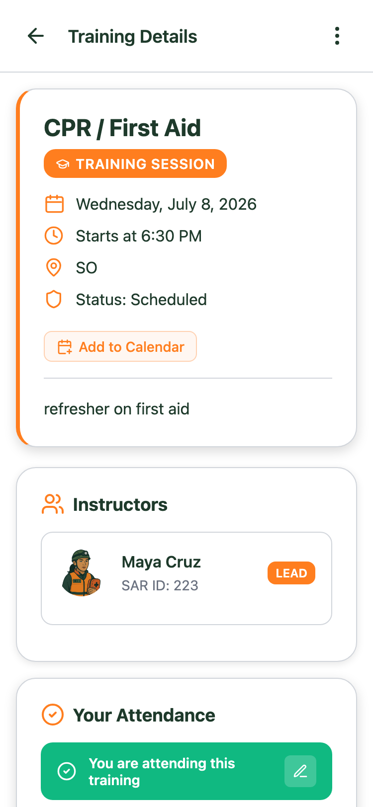 Mobile training details with RSVP