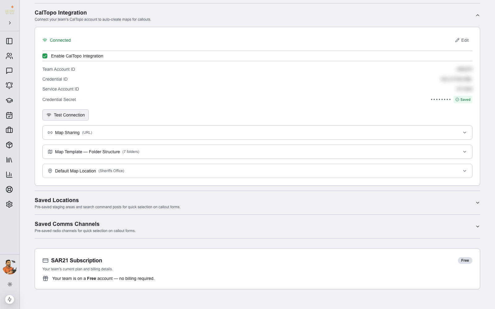 CalTopo Integration connected, with Test Connection and map template settings
