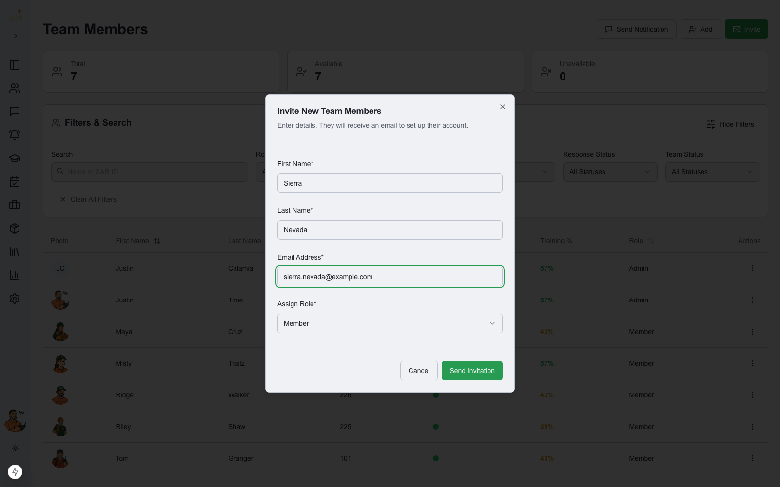 Invite New Team Members dialog