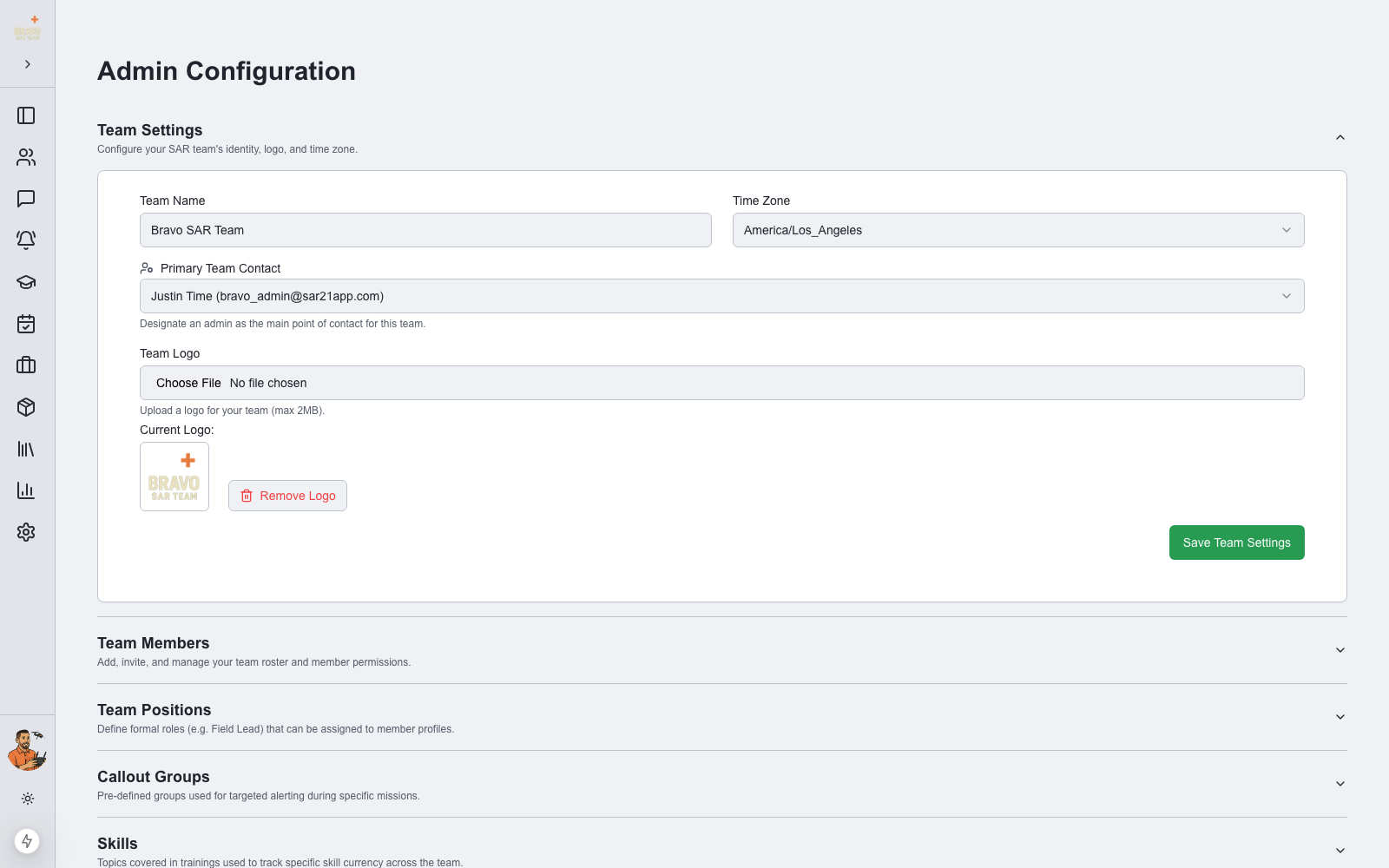 Team Settings section with name, time zone, contact, and logo