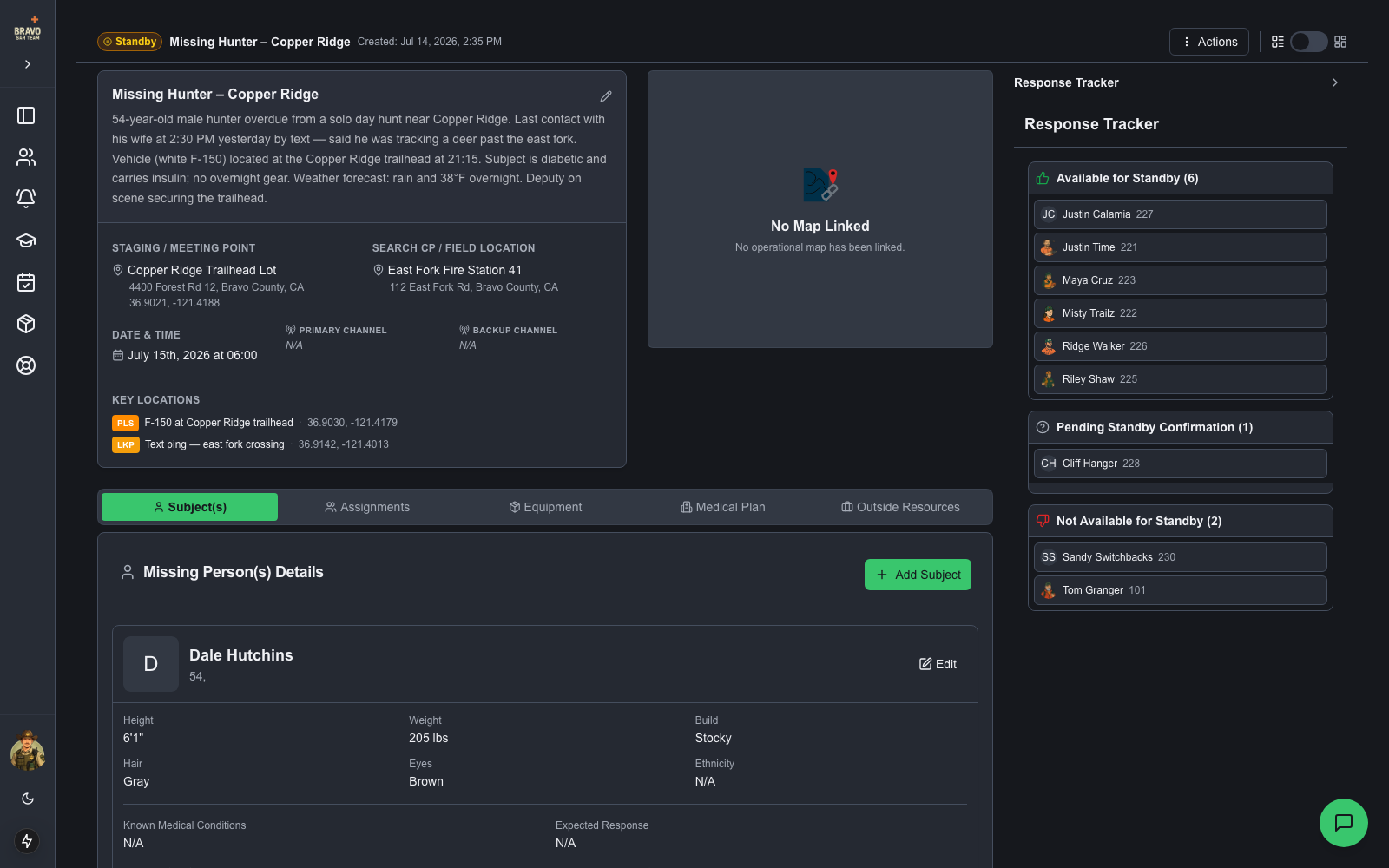 An activated agency request — callout detail with subject info and live response tracker