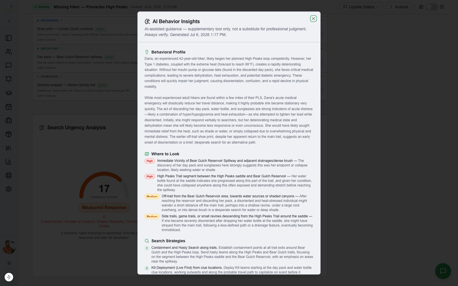 Full AI behavior report dialog with prioritized locations and search strategies