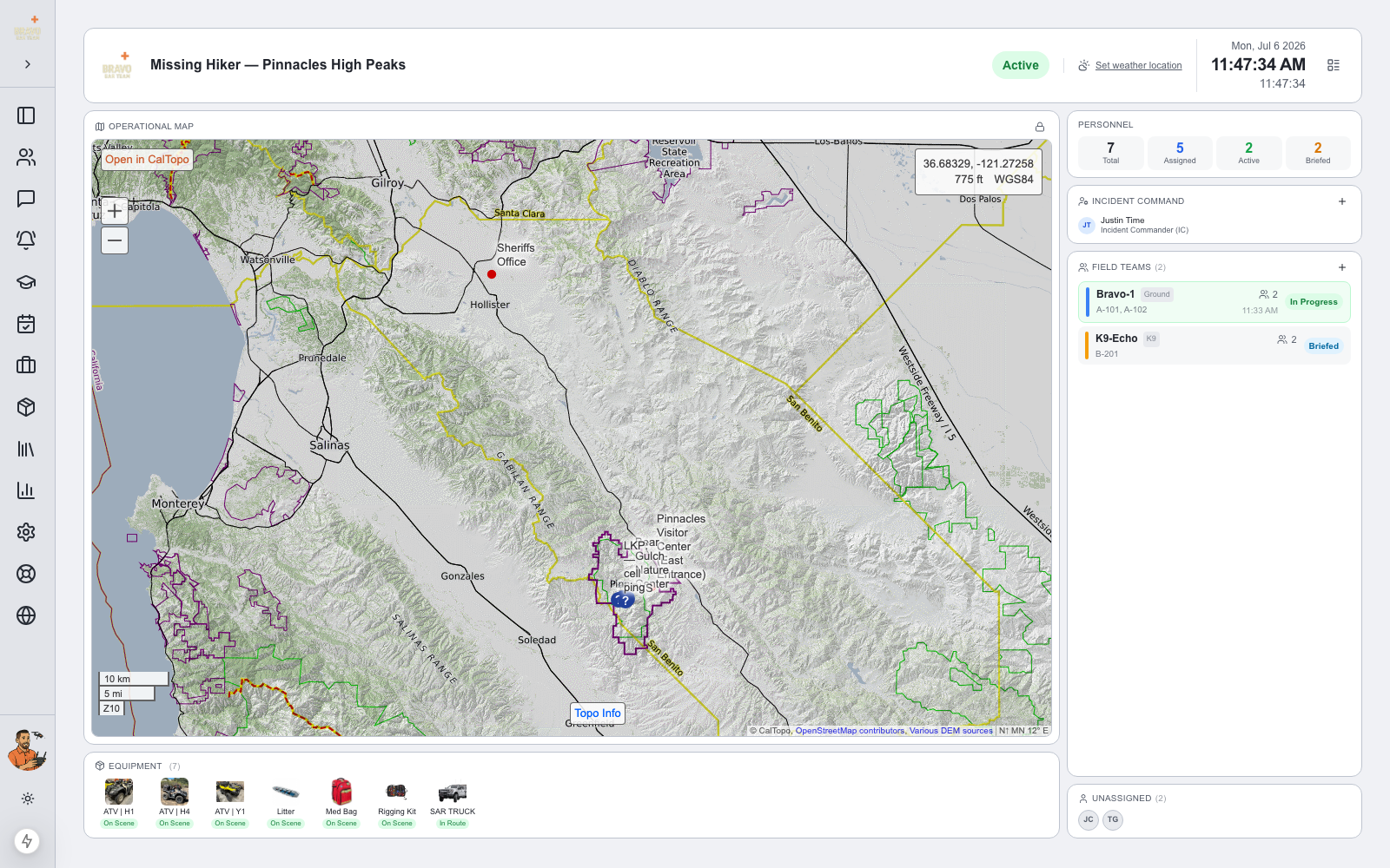 Command View — operations board with map, personnel counts, teams, and equipment