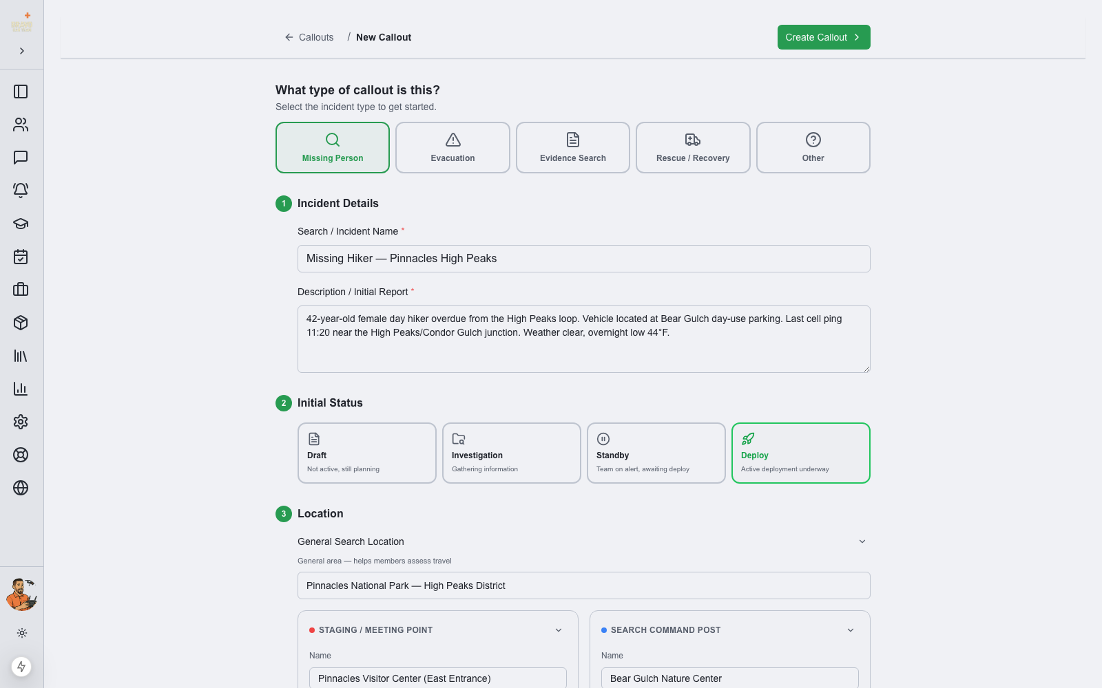 New Callout form with incident type and status