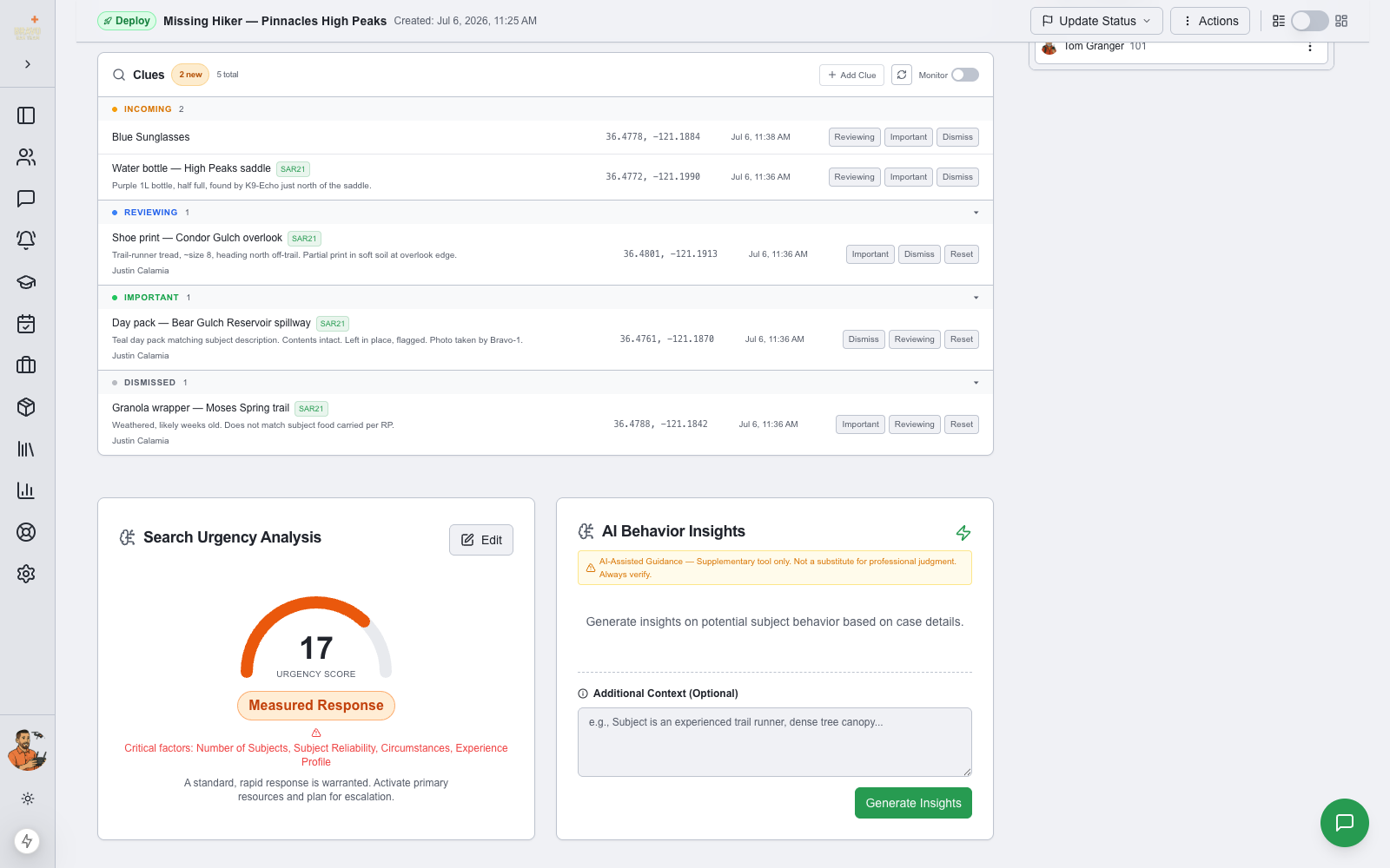 Saved Search Urgency Analysis card with score gauge and response recommendation