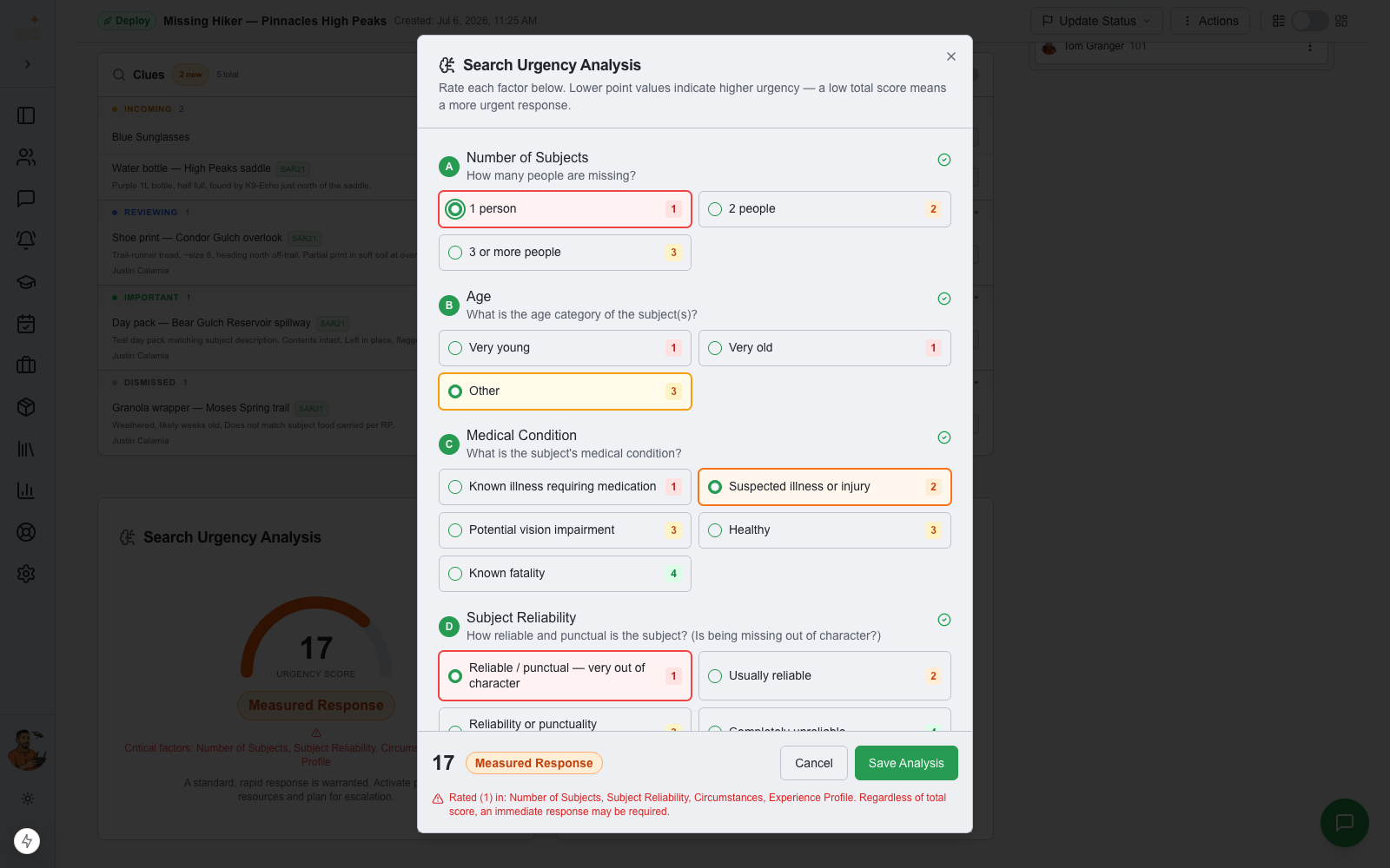 Search Urgency Analysis questionnaire with color-coded answer options