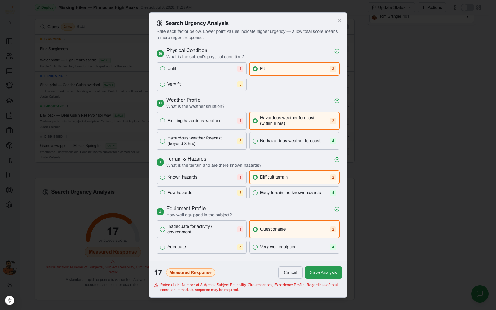 Completed questionnaire with live total score and response recommendation