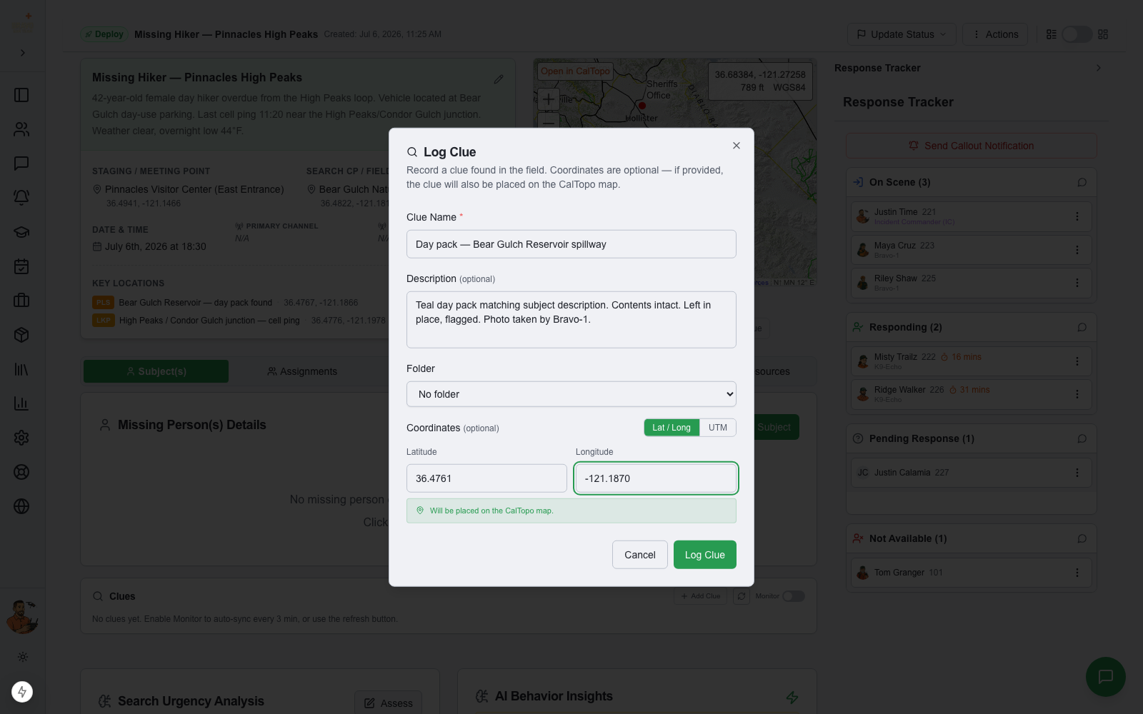 Log Clue dialog with coordinates syncing to the CalTopo map