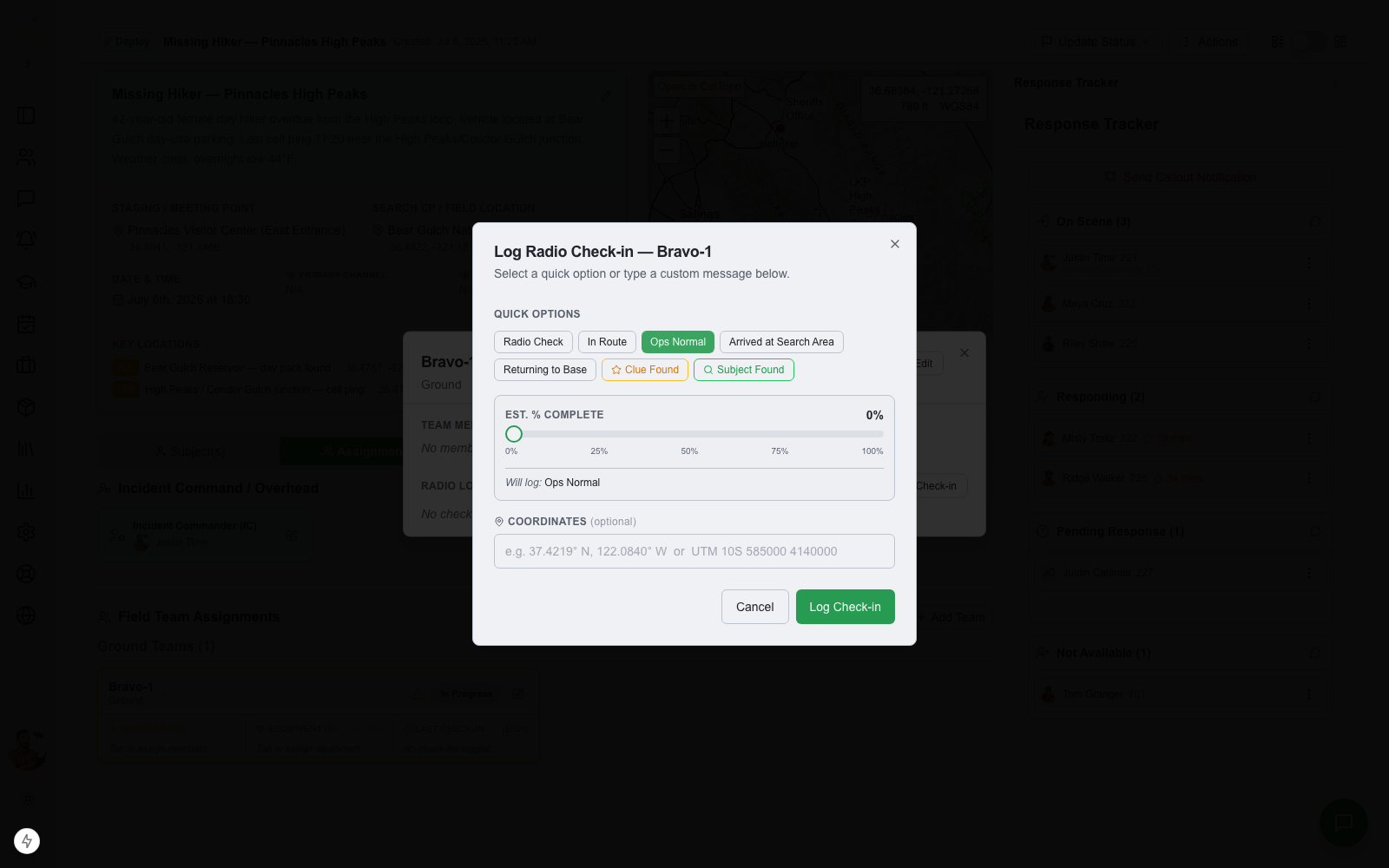 Log Radio Check-in dialog with quick options and percent complete
