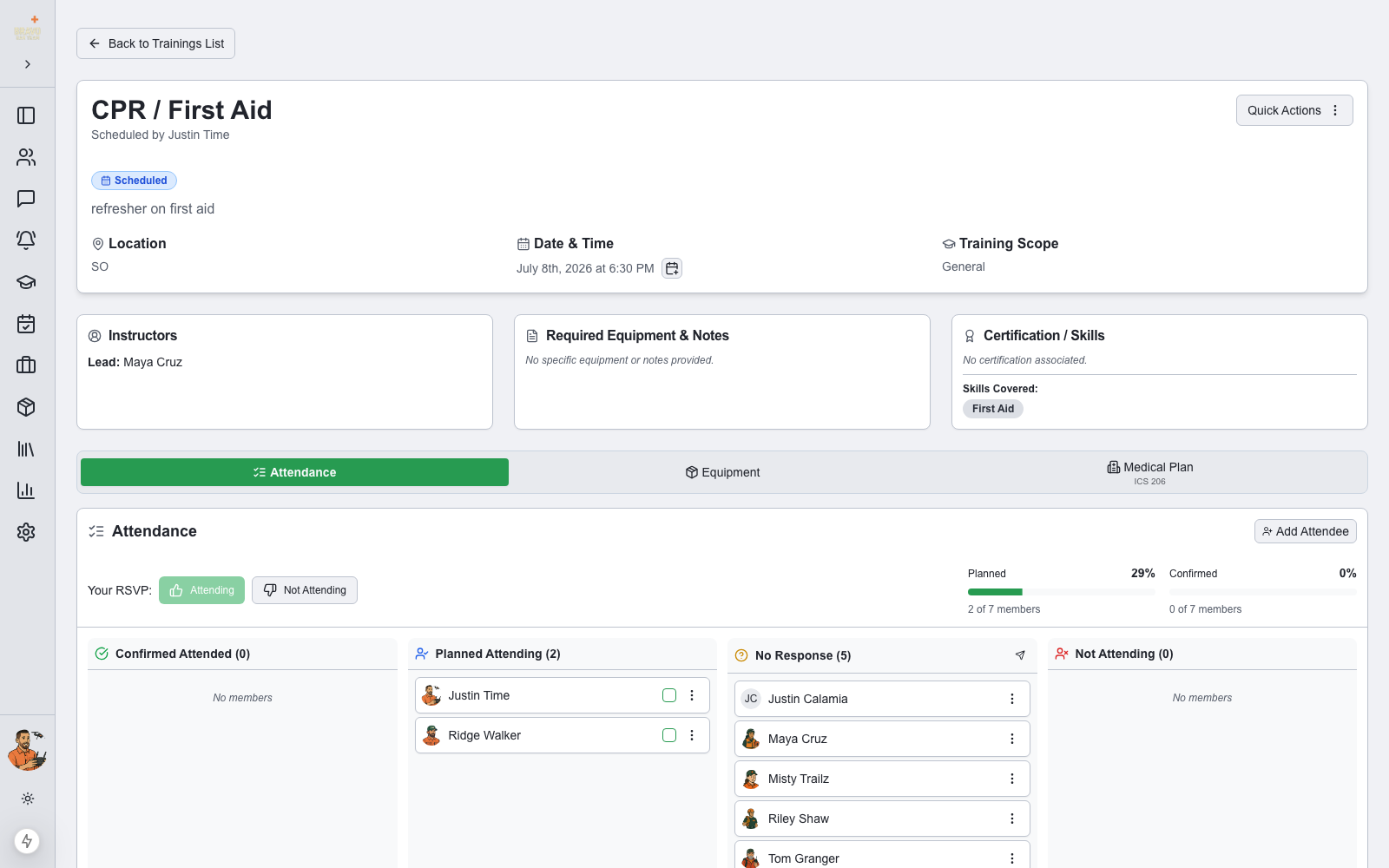 Attendance tracker with RSVP columns
