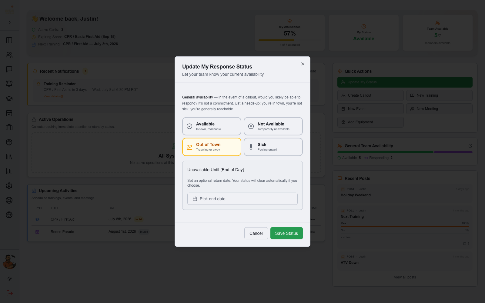 Update My Response Status dialog with four statuses and return date