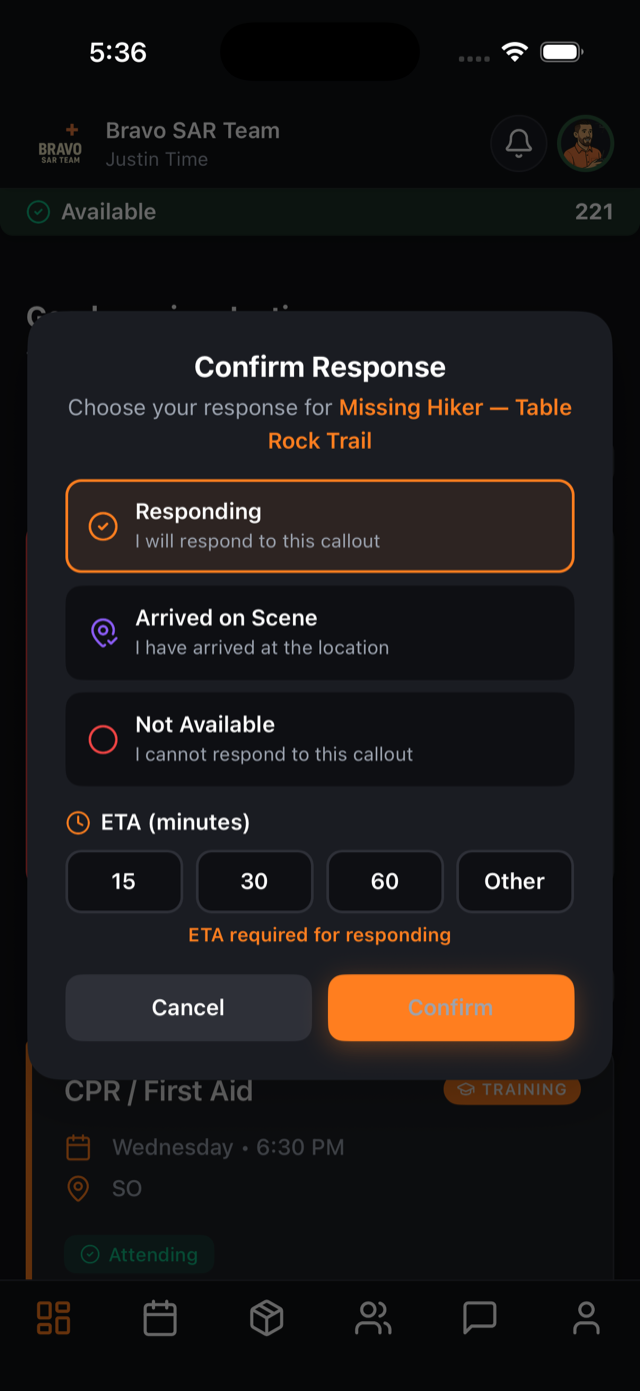 Responding with an ETA from the mobile app