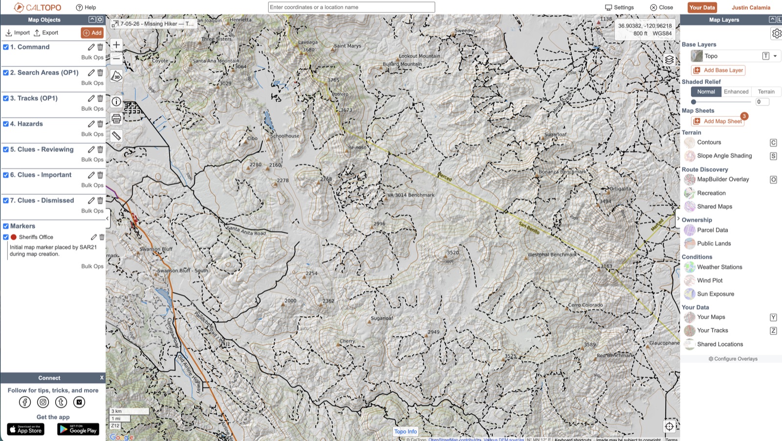 The created map in Caltopo with template folders applied