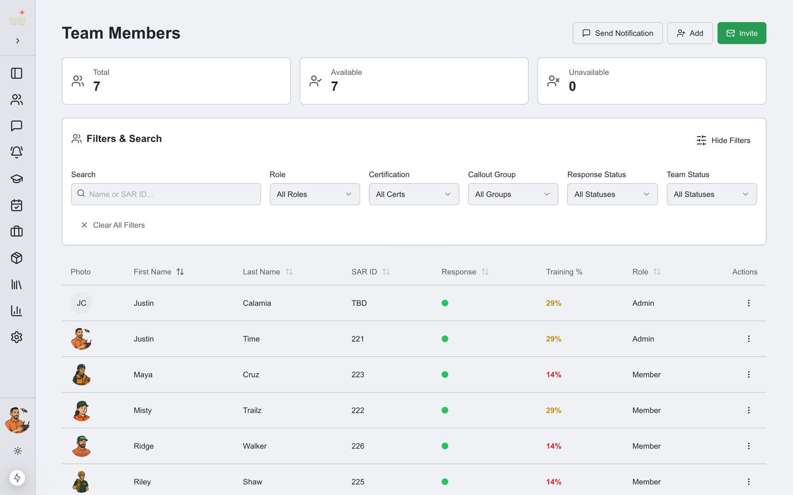 Team roster with live availability status for every member