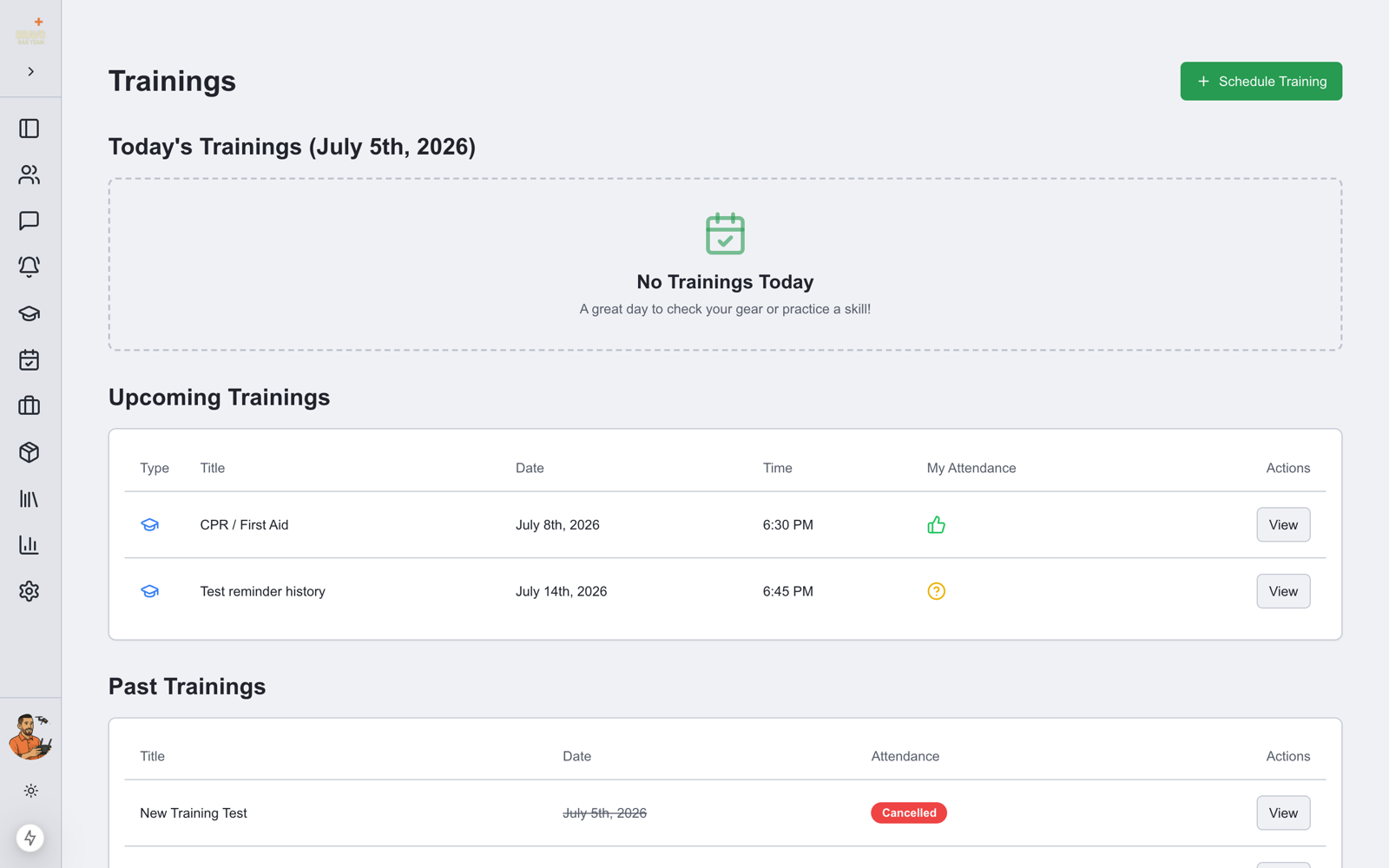 Training calendar and attendance
